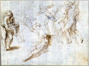 Études de figures : femme tenant un bébé ; homme poursuivi par un autre ; femme nue allongée sur le sol ; Hercule et le lion de Némée - Parmigianino