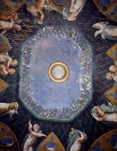Putti et aperçu du ciel, vers 1524, par Francesco Mazzola, dit Parmigianino, fresque, voûte de la Salle de Diane et Actéon, Rocca Sanvitale, Fontanellato, près de Parme, Émilie-Romagne, Détail, Italie - Parmigianino