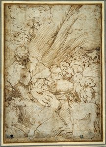Berger tenant une pipe, se reposant sous un arbre avec son chien parmi leur troupeau - Parmigianino