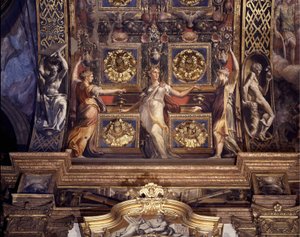 Trois des cinq vierges folles. Détail des fresques de Francesco Mazzola (1503-1540) connu sous le nom de Le Parmesan décorant la voûte principale de la Chapelle Majeure de l