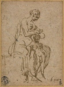 Femme épouillant un enfant