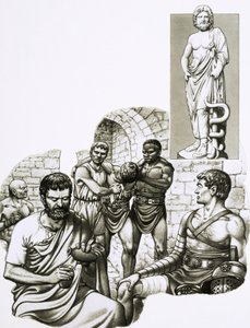 Lors des jeux de gladiateurs, un infirmier soigne les survivants.