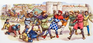 Une partie de football à bâtons rompus avec une vessie de porc