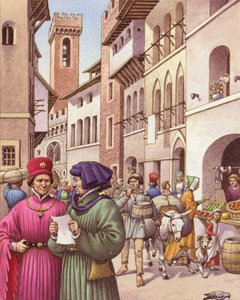 Scène de rue typique à Florence au début du XVe siècle (gouache sur papier)