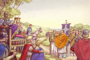 Augustin face au roi Ethelbert et à sa reine Berthe (gouache sur papier)