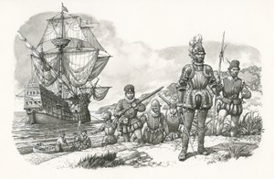 Premiers Européens arrivant en Californie (gouache sur papier)