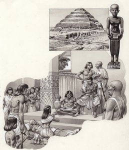 Imhotep "le bon médecin" donnant des conseils à un malade (gouache sur papier)