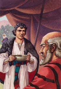 Jacob, déguisé, apportant un plat de viande de cerf chaude à son père Isaac (gouache sur papier)