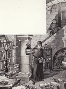 Poggio Bracciolini dans la bibliothèque délaissée du monastère de Saint-Gall (gouache sur papier)