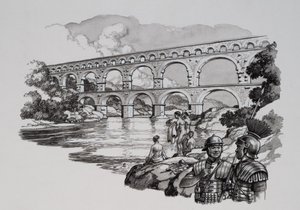 Aqueduc romain (gouache sur papier) - Pat (1907-95) Nicolle