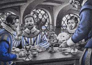 Sir Francis Drake (1540-96) à table (gouache sur papier)