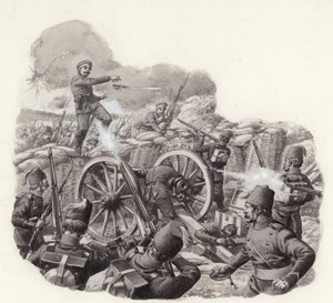 Les Turcs défendent leurs remblais endommagés à la redoute de Grivitza (gouache sur papier) - Pat (1907-95) Nicolle