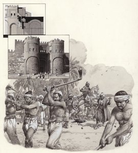 Les travaux sur les premiers murs du Caire ont commencé en 969 (gouache sur papier) - Pat (1907-95) Nicolle
