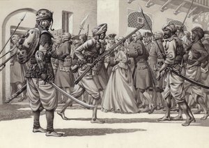 Les soldats britanniques sont forcés de pénétrer dans le trou noir de Calcutta (gouache sur papier)