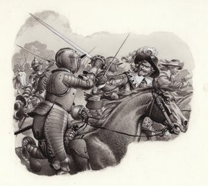 Cavalerie lourdement cuirassée du XVIIe siècle (gouache sur papier)