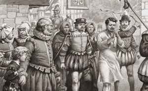 Le roi Henri III de France faisant pénitence en marchant dans les rues de Paris en cilice tout en étant fouetté (gouache sur papier) - Pat (1907-95) Nicolle