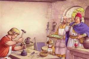 Le roi Offa examine les pièces de monnaie fabriquées à la Monnaie royale de Mercie (gouache sur papier)