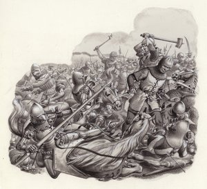 Chevaliers massacrés sur le champ de bataille (gouache sur papier)