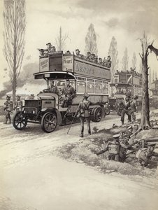 Bus londoniens utilisés pour transporter les troupes vers le front pendant la Première Guerre mondiale (gouache sur papier)