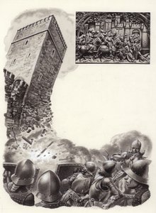 Soldats espagnols faisant sauter des fortifications avec de la poudre à canon (gouache sur papier)