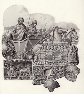 Char sumérien tiré par des ânes sauvages (gouache sur papier) - Pat (1907-95) Nicolle