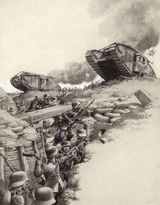 Des chars roulent sur les tranchées allemandes pendant la Grande Guerre (gouache sur papier)