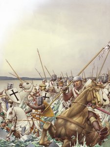 Les chevaliers teutoniques tombent à travers la glace du lac Peipus gelé (gouache sur papier)