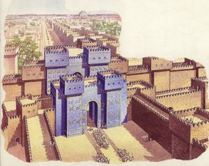La porte Ishtar de Babylone (gouache sur papier)