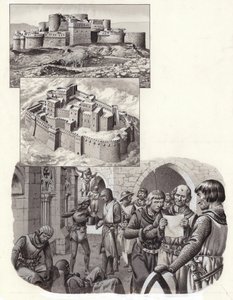 La forteresse du Krak des Chevaliers (gouache sur papier) - Pat (1907-95) Nicolle