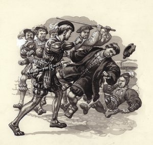 William Herbert attaque un passant innocent à Bristol (gouache sur papier) - Pat (1907 95) Nicolle
