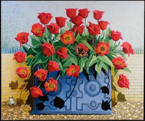 Getting There, 2011 (acrylique sur calicot) fleurs ; tulipes ; nature morte ; jardinière ; crapaud ; grenouille ; papillons ;