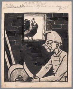 Homme aiguisant un couteau tandis que le coq français chante - Patricq Kroon (signed by artist)