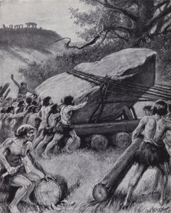 Hommes paléolithiques déplaçant une dalle géante sur des roues - Paul (after) Hardy