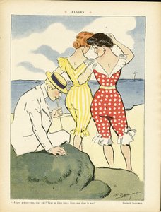 Illustration de Paul Balluriau (1860-1917) dans Le Rire, 01/08/08 - Plages - Loisirs, Amour, Mode, Marine maritime, Maillots de bain