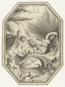 Paysage avec pont en pierre dans un cadre octogonal