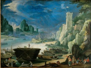 Paysage portuaire nocturne avec phare - Paul Bril