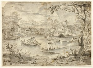 Vue de la ville avec bateau de pêche au premier plan - Paul Bril