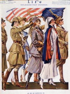 Femmes américaines (soldats, agricultrices, infirmières) volant avec un drapeau, par Stahr - couverture de 