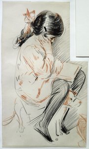Paulette lisant assise sur son chien jouet - Paul Cesar Helleu