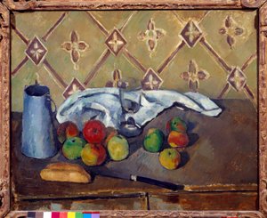 Fruits, serviette, pain et boîte de lait