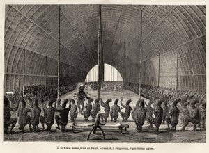 Mounza, roi des Mombouttous (Zaïre), dansant devant son sérail, composé de 80 femmes, gravure d