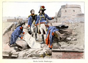 Hoche fortifie Dunkerque : En 1793, le général de brigade Lazare Hoche (1768-1797) défend Dunkerque contre les Britanniques en rendant la ville trop difficile à prendre pour les ennemis - illustration par Emile Boutigny (1853-1929) Dans « Hoche-Marceau-Des