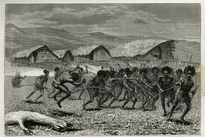 Descente des guerriers Papus Arfaks à Dorey (Nouvelle-Guinée occidentale), gravure par E. Mesples, pour illustrer le voyage en Nouvelle-Guinée par Achille Raffray, chargé d