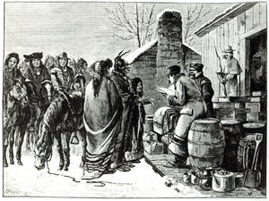 Indiens de la réserve recevant des rations des agents du gouvernement (gravure) - Paul Frenzeny