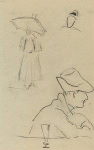 Une personne tenant un parapluie et un homme assis avec un chapeau et un verre - Paul Gauguin