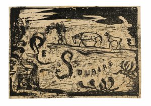 Homme portant des bananes suivi de deux chevaux, en-tête pour Le sourire - Paul Gauguin