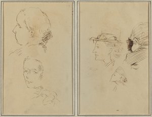 Deux études de têtes et une femme nue accroupie ; deux têtes de femmes et une tête d