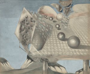 Composition avec sphères, carrés, piliers, etc.