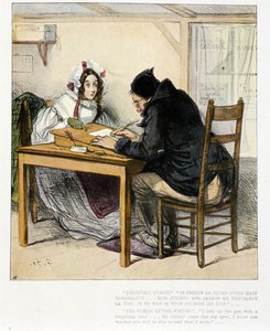 Écrivain public écrivant une lettre pour une jeune femme : gravure de Gavarni - Paul Gavarni