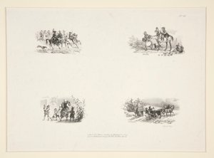 Quatre sujets: Une cavalcade; Quatre enfants; Une paysanne portant un petit enfant; Voyageurs - Paul Gavarni